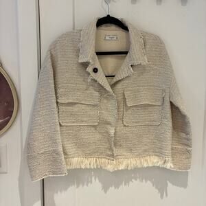 Mango Cream Tweed Fring Hem Cropped Blazer Small